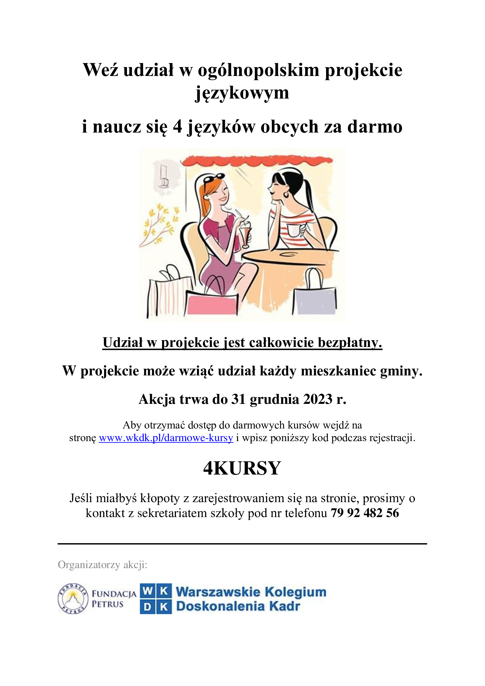 Plakat ogólnopolskiego projektu „Naucz się 4 języków obcych w 12 miesięcy za darmo”.