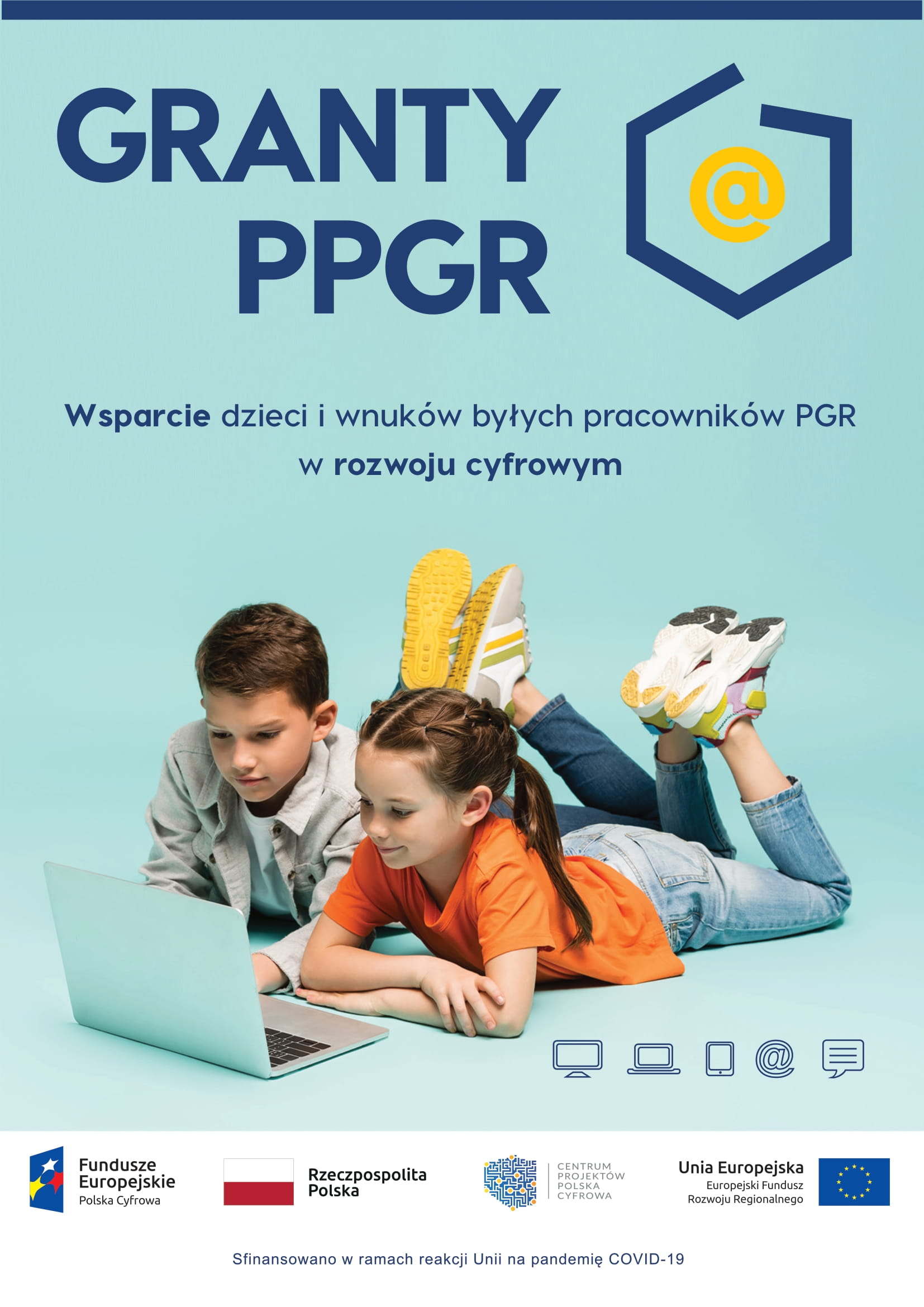 Plakat promujący Granty PPGR - Wsparcie dzieci i wnuków byłych pracowników PGR w rozwoju cyfrowym