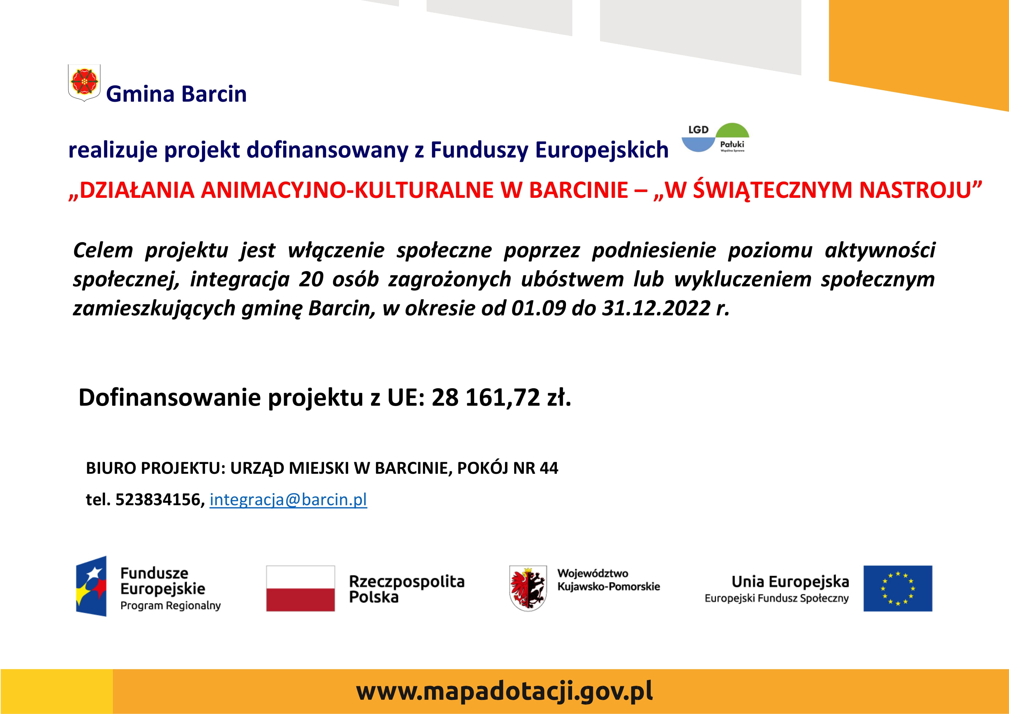 Plakat promujący projekt „Działania animacyjno-kulturalne w Barcinie – „W ŚWIĄTECZNYM NASTROJU”.